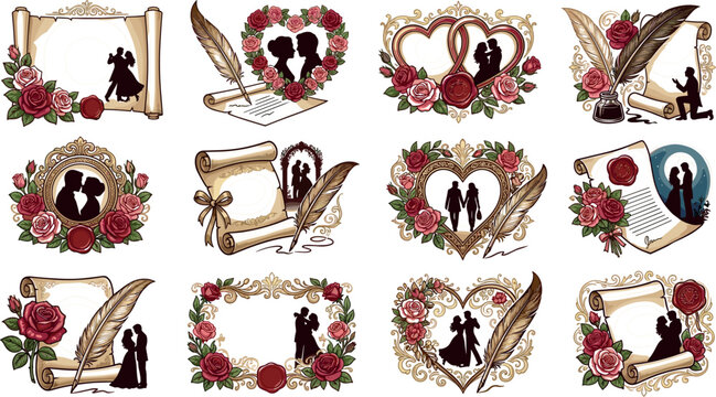 Vintage Romantic Wedding and Valentine Day Vector Label Set Featuring Lovers Silhouette, Ornate Frames, Heart Wreaths, Red Roses, and Ancient Paper Scrolls