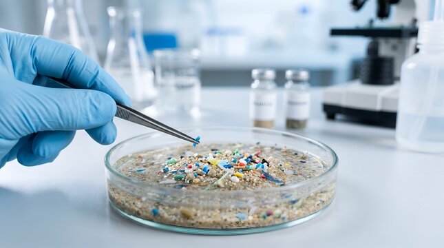 Laboratory Microplastics Analysis Using Tweezers and Petri Dish with Sand and Sediment Samples
