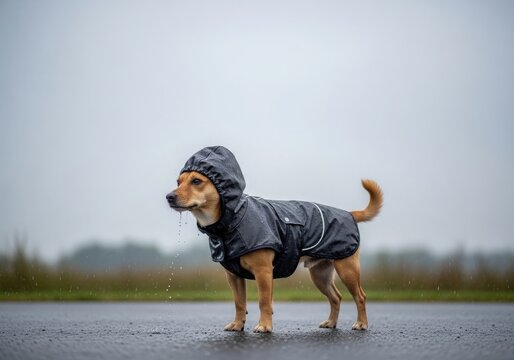 A small brown dog wearing a black hooded raincoat stands on a wet asphalt road during a rainy day in an open field landscape