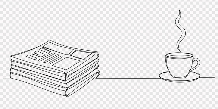 One line continuous drawing of a steaming hot cup of coffee beside a stack of newspapers, a classic morning concept, transparent background, Continuous one line drawing of a stack of news newspapers.
