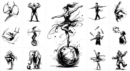 Circus Performers Ink Sketch Vector Illustration Set Featuring Acrobats, Juggler, Clown, Tightrope Walker, Gymnast, Unicycle Rider, Elephant, and Dynamic Carnival Show Silhouettes © Monirul