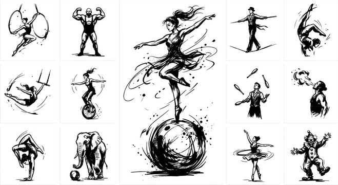 Circus Performers Ink Sketch Vector Illustration Set Featuring Acrobats, Juggler, Clown, Tightrope Walker, Gymnast, Unicycle Rider, Elephant, and Dynamic Carnival Show Silhouettes