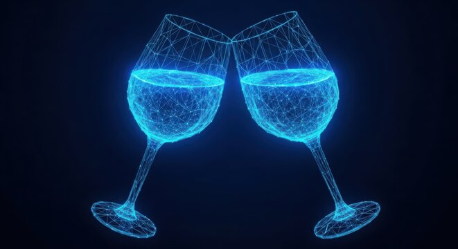 Digital wireframe wine glasses clinking for a celebration illustration