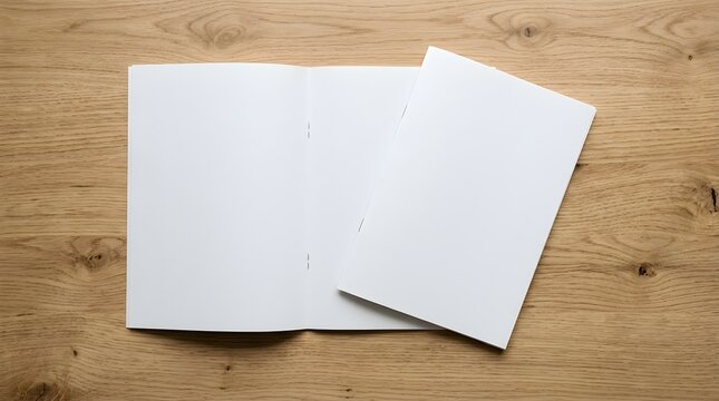 Open and closed blank booklet mockup on wooden table