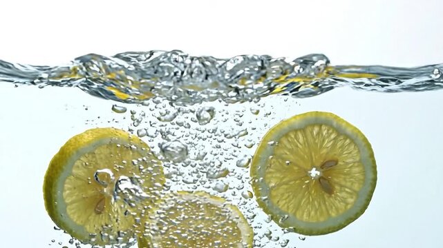 Fresh yellow lemon slices falling into clear sparkling water with air bubbles and splashes, healthy citrus fruit drink concept for summer refreshment and detox