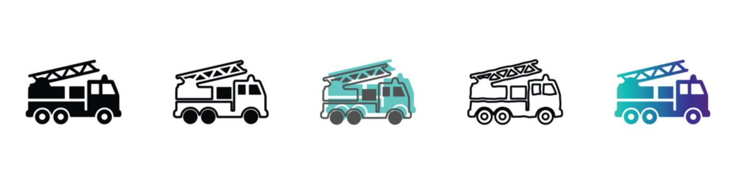Collection of fire truck icons in various styles and colors for design
