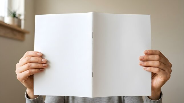 Woman holding an open blank white booklet in front of her face