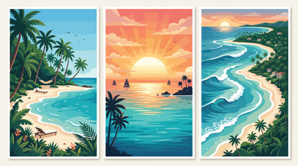 Obraz premium Three vibrant vertical panels depicting beautiful tropical beach scenes with palm trees and a sunset over the calm blue ocean