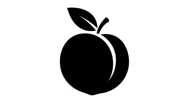 Vector illustration of peach fruit icon, simple black silhouette of a peach with a leaf on a transparent background