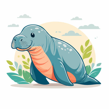 Cute cartoon manatee with plants and clouds