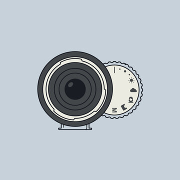 Flat vector illustration of a camera lens and setting dial