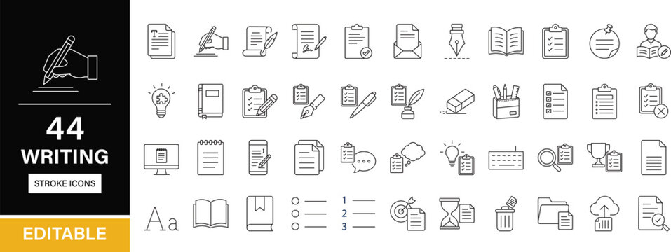 Writing line icon set. Documents, editing, publishing, note taking, content creation, communication, and documentation icons for UI, UX, apps, and web. Editable vector collection.