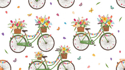 Fototapeta premium Vintage green bicycle seamless pattern with spring flower baskets, whimsical garden bike illustration with butterflies, floral cycling vector background