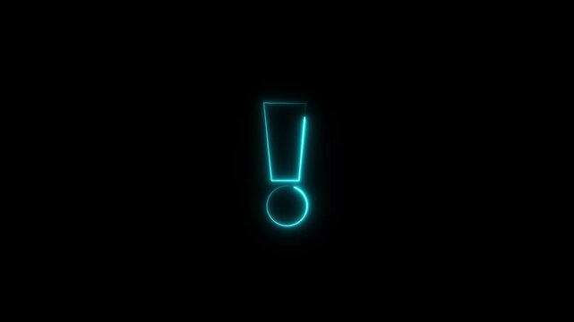 Neon glowing exclamation mark sign pulsing on black background, abstract digital alert symbol for UI and motion,4k video.