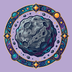 A stylized illustration of a cratered asteroid in a cosmic frame © Kento