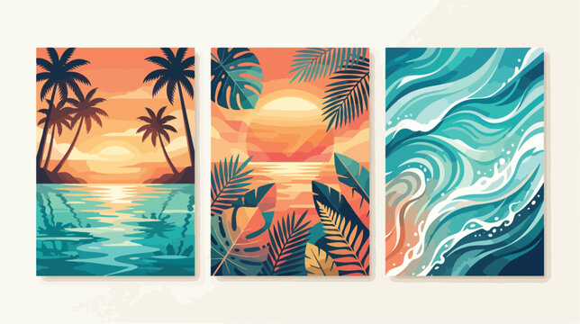 Three beautiful vertical posters displaying vibrant tropical sunsets with palm leaves and flowing ocean waves in a minimalist graphic style