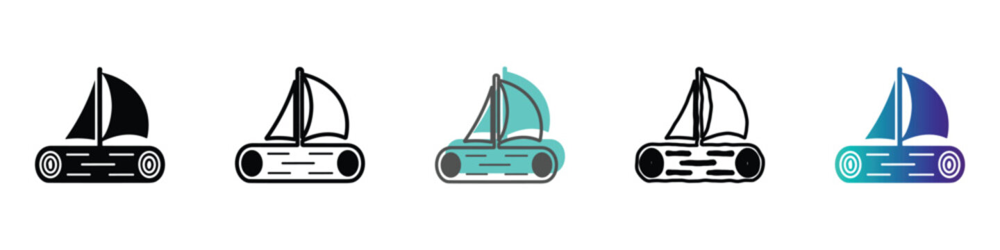 Set of five different raft icons with sails, in various styles and colors
