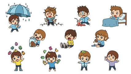 Obraz premium Set of cartoon characters featuring little boys showing various emotions and daily activities in life including frustration stress surprise and joy to depict childhood development and human