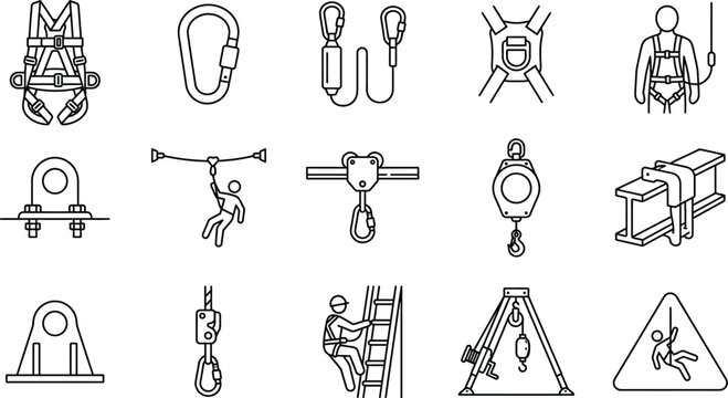 Set of fall protection equipment icons, including safety harness, carabiner, lanyard, anchor point, and industrial climbing gear