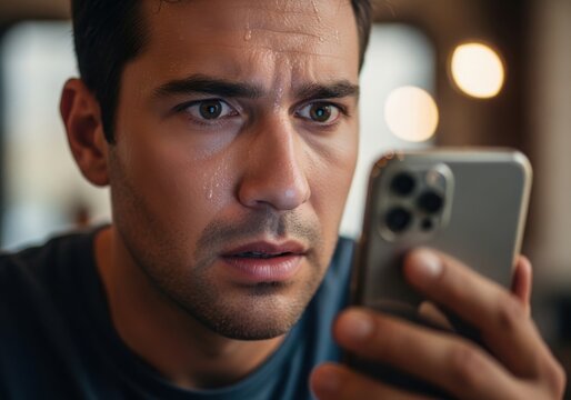 Closeup of a stressed man sweating while looking at his smartphone screen with a worried and anxious expression in a dimly lit room