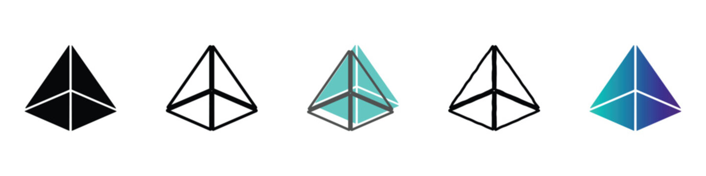 Collection of geometric pyramid icons in various styles and colors