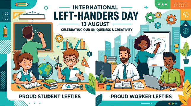 International Left-Handers Day, left-handed people, proud lefties, illustrations, August 13th