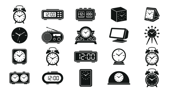 Set of various clock icons showing alarm watches and modern digital timers for time tracking.