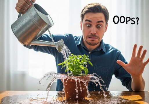 A surprised man accidentally overwatering a small potted plant on a wooden table, causing water to splash everywhere in a home setting