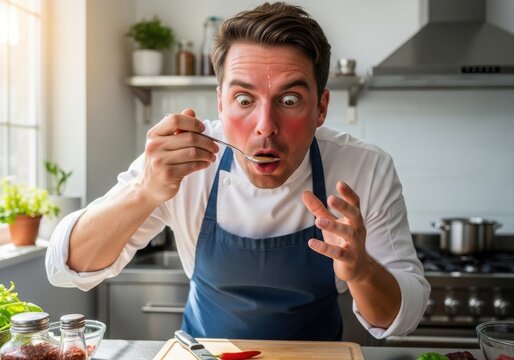 A male chef in a kitchen reacting with shock and a red face after tasting a very spicy dish from a spoon