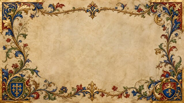 Medieval Illuminated Manuscript Parchment Page with Ornate Floral Border Background Banner