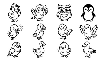 Fototapeta premium Cute kawaii duck and bird character vector set with funny cartoon wildlife line art for kids