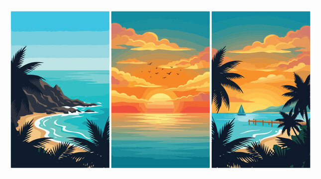 Three vibrant tropical beach scenes featuring golden sunset light and palm trees captured in a beautiful artistic flat vector style