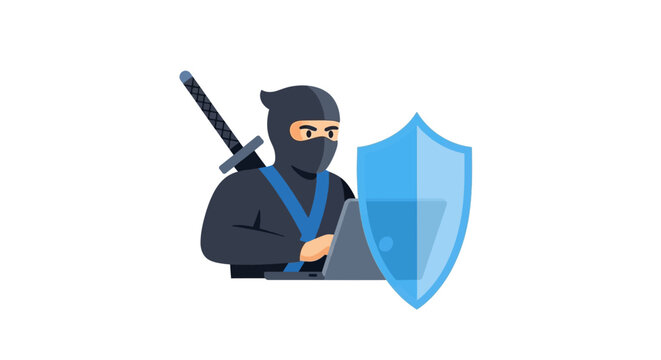 Ninja Coder Using Laptop with Protection Shield - Cyber Security and Ethical Hacking Concept Illustration