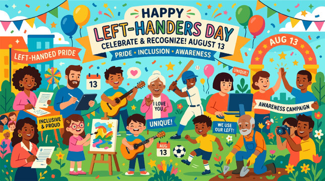 Happy Left-Handers Day, left-handed people, August 13, celebration, illustration