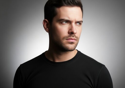 Portrait of a handsome young man with short dark hair and stubble looking away with a serious expression against a neutral grey studio background
