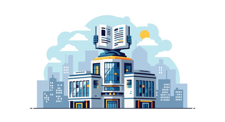 Obraz premium Flat style vector illustration of contemporary public library building with city skyline. Perfect for education, learning, knowledge and civic themes