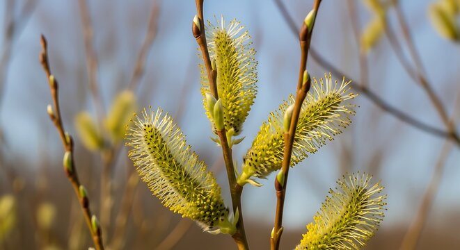 Closeup of Pussy Willow Catkins in Early Spring Bloom.