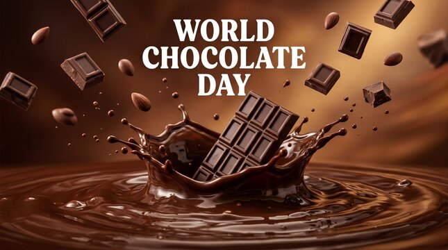 World Chocolate Day vector banner template with dark chocolate bars falling into a liquid chocolate splash with cocoa beans, realistic horizontal background concept for international chocolate celebra