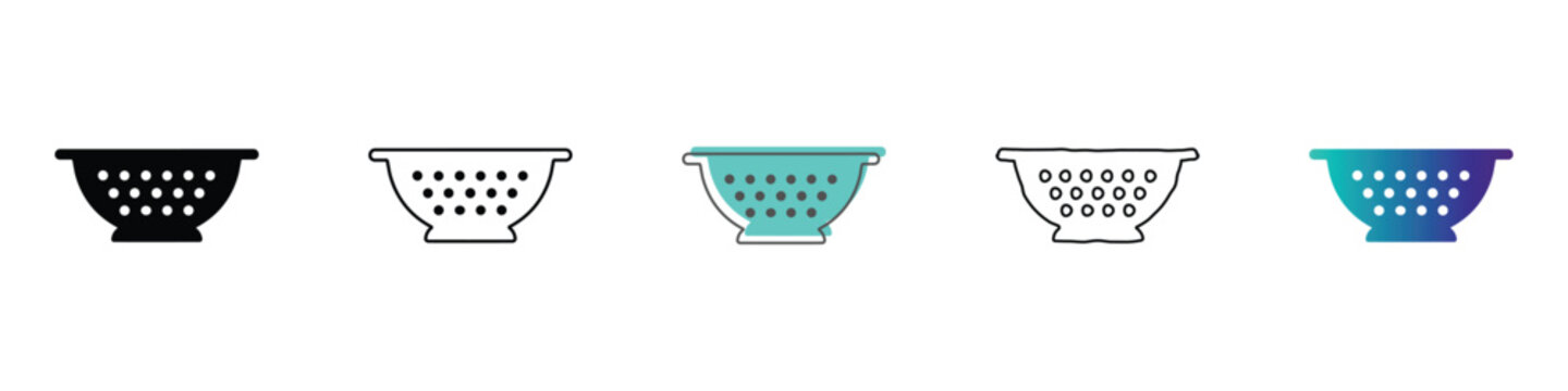 Collection of five different colander icons in various styles and colors