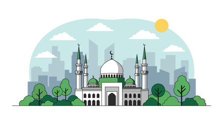 Flat style vector illustration of mosque building with domes and minaret in city setting. Perfect for Islamic culture, worship and religion themes © Amie
