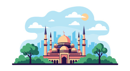 Flat style vector illustration of mosque building with domes and minaret in city setting. Perfect for Islamic culture, worship and religion themes © Amie
