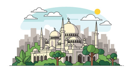 Flat style vector illustration of mosque building with domes and minaret in city setting. Perfect for Islamic culture, worship and religion themes © Amie