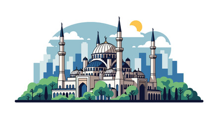 Flat style vector illustration of mosque building with domes and minaret in city setting. Perfect for Islamic culture, worship and religion themes © Amie