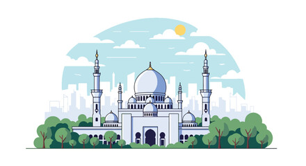 Flat style vector illustration of mosque building with domes and minaret in city setting. Perfect for Islamic culture, worship and religion themes © Amie