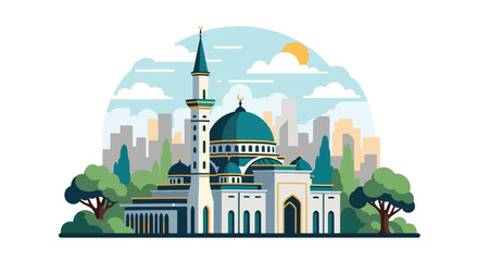 Flat style vector illustration of mosque building with domes and minaret in city setting. Perfect for Islamic culture, worship and religion themes © Amie