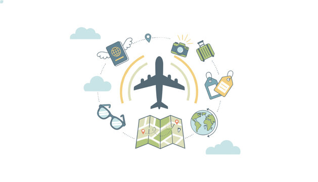 Airplane surrounded by travel icons including passport camera suitcase map globe and glasses arranged in a circular pattern on a clean white background for tourism and aviation industry.