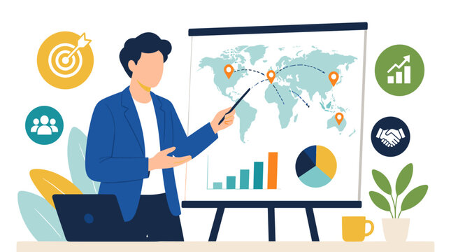 Business Presenter Explaining Data on Chartboard.