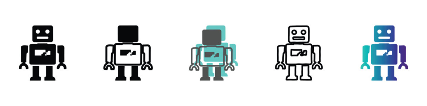 Collection of simple robot icons in various styles and colors