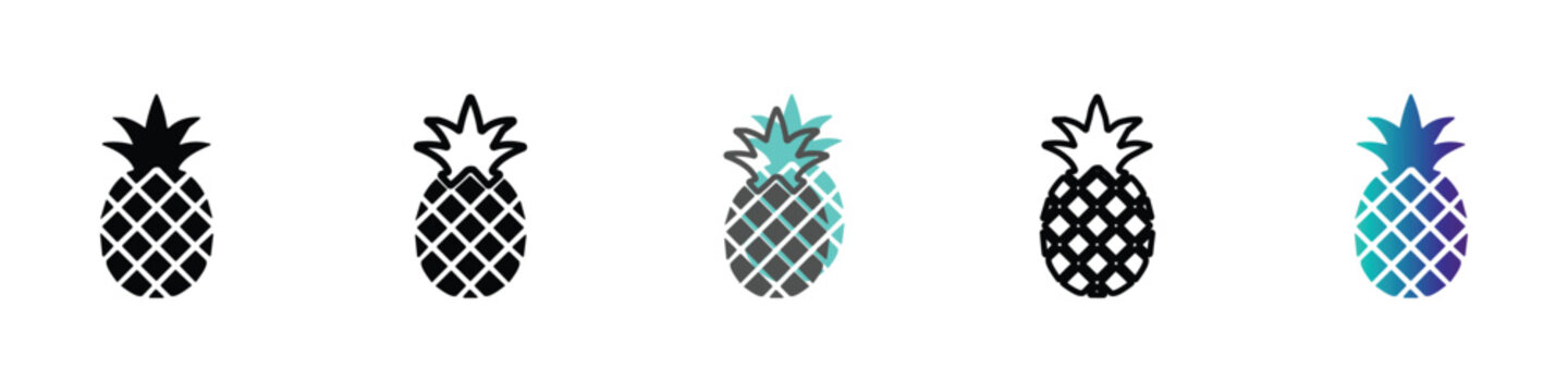 Collection of stylized pineapple icons in various artistic styles and colors