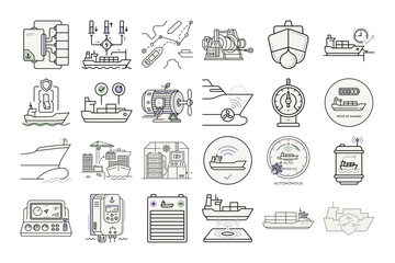 Fototapeta premium Autonomous Electric Ship Icons or Cargo Ship Illustrations Set